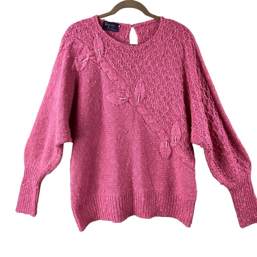 Vintage Pink Textured Sweater Size XL Retro Dolman Sleeves